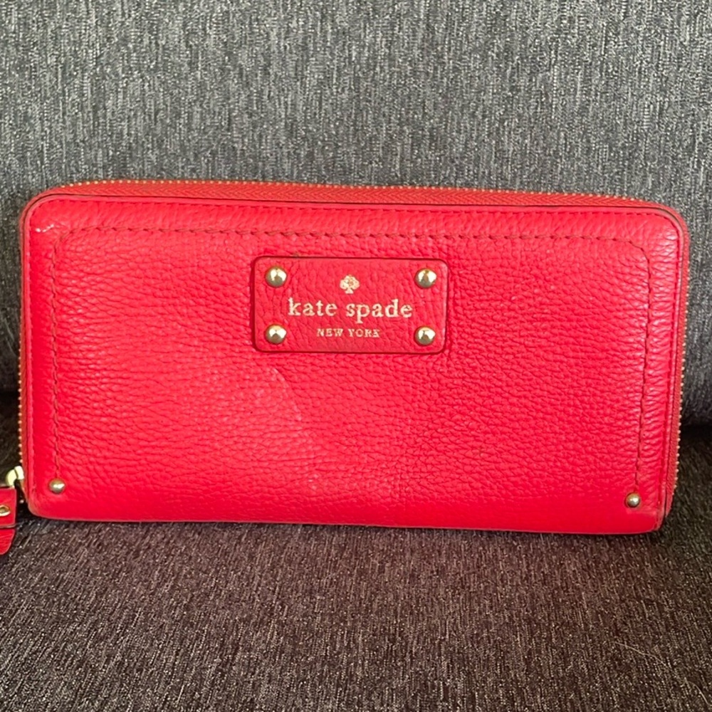 Kate Spade continental large wallet purse in coral red zip around - Picture 1 of 10